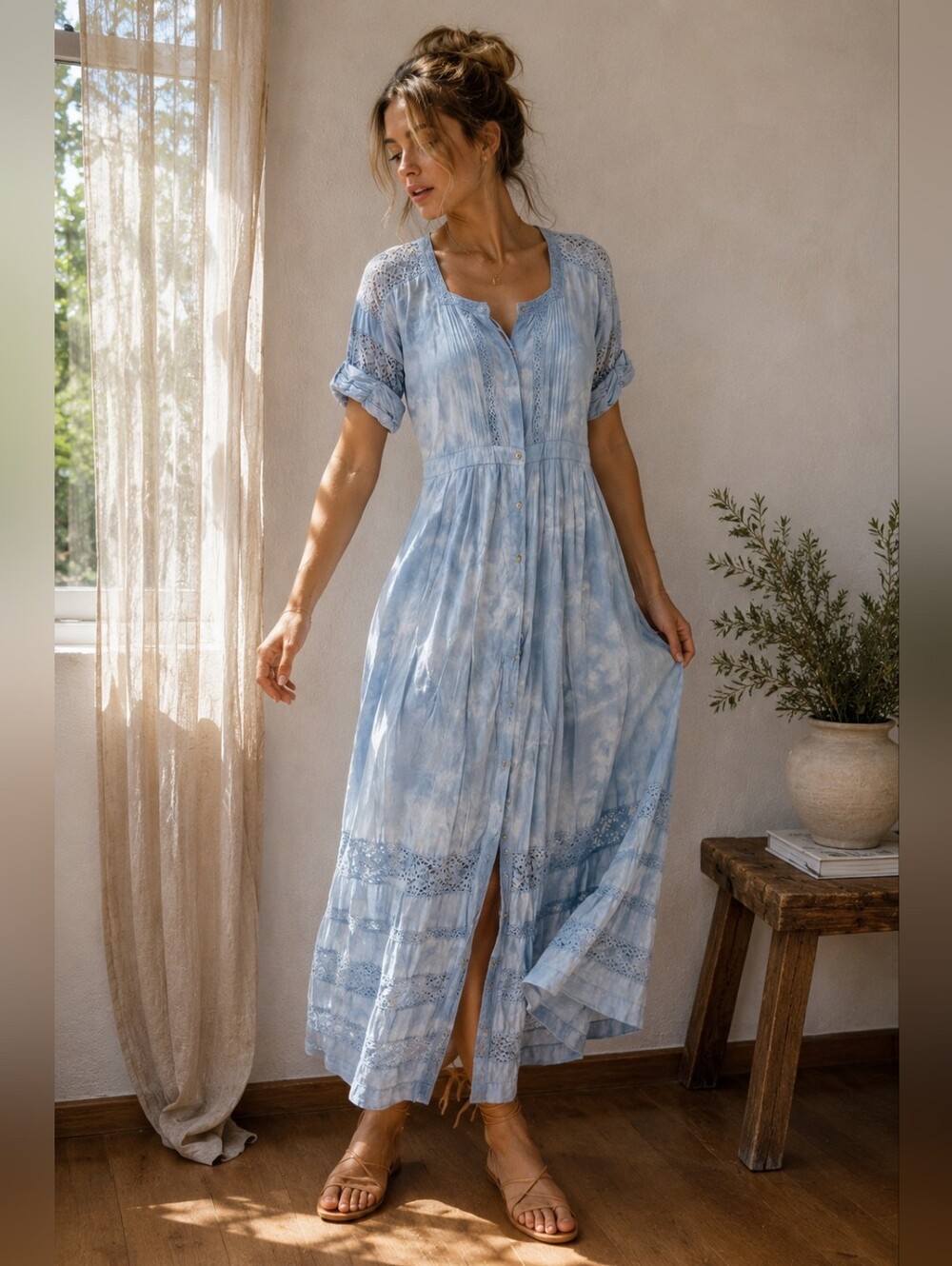 LoveShackFancy Edie Dress Blue Tie Dye Lace Maxi Size Small